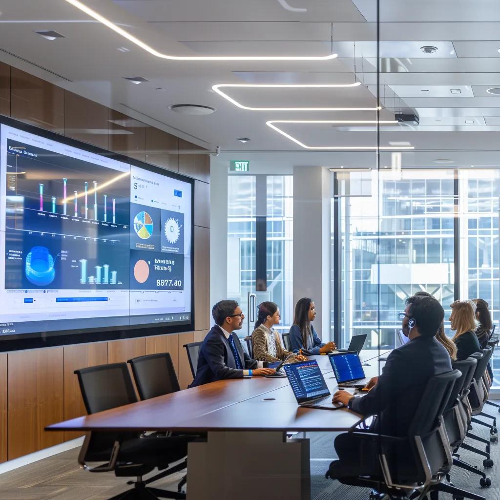 a modern, sleek office conference room is filled with engaged small business owners intently discussing the implications of section 5 of the ftc act, with a large digital screen displaying impactful data and visuals in the background.