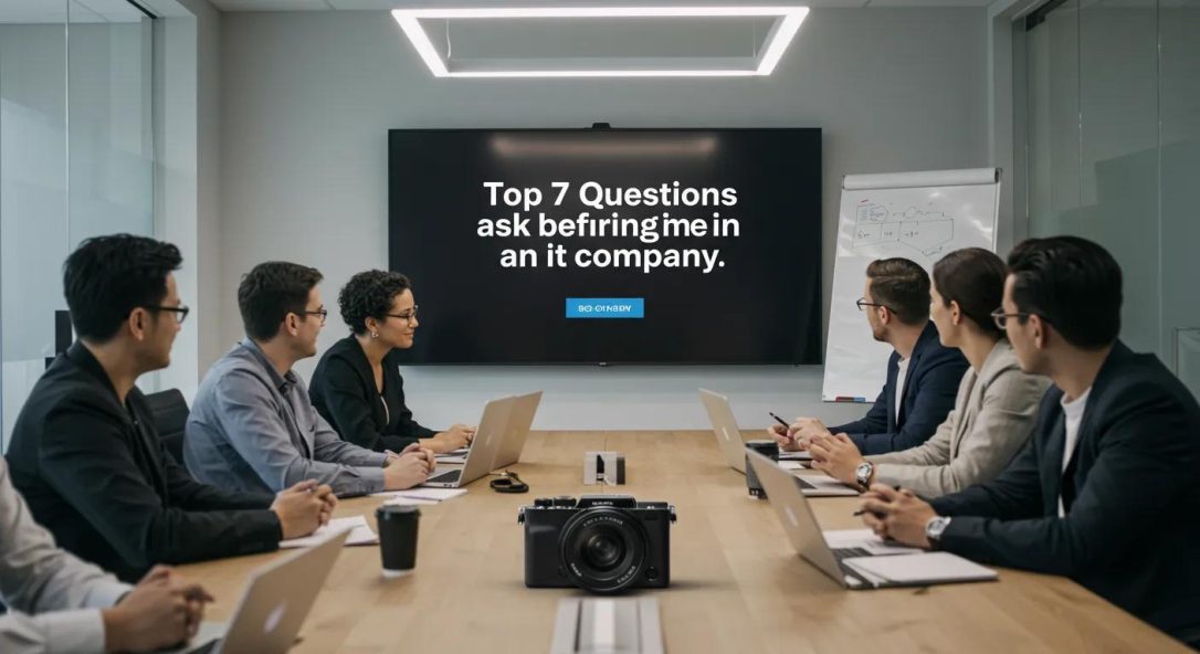 a sleek, modern office conference room is filled with a diverse group of professionals engaged in a dynamic discussion, with a large digital screen displaying the title "top 7 questions to ask before hiring an it company."