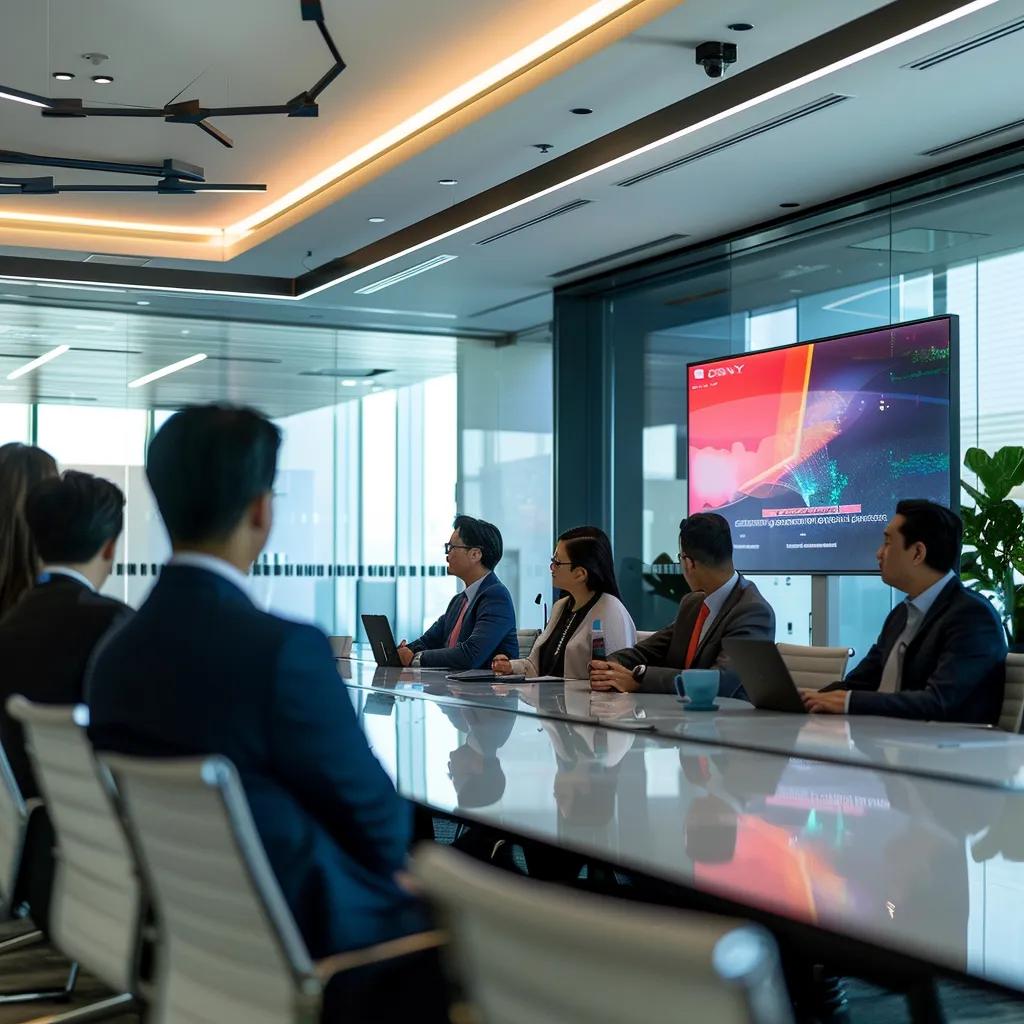 a sleek, modern office conference room with a large digital screen displaying a warning about pii breaches, surrounded by engaged professionals in business attire, highlighting the urgency of compliance with the ftc act.
