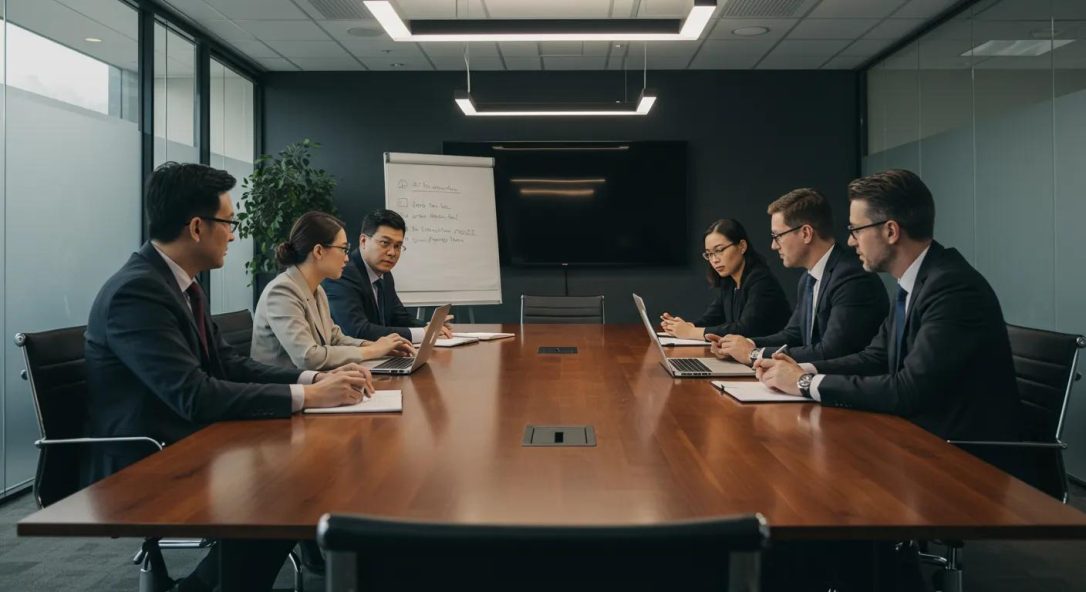 a sleek, modern conference room with a polished wooden table and high-backed chairs, where a diverse group of professionals is engaged in a focused discussion, highlighting the importance of key questions in selecting an it provider.